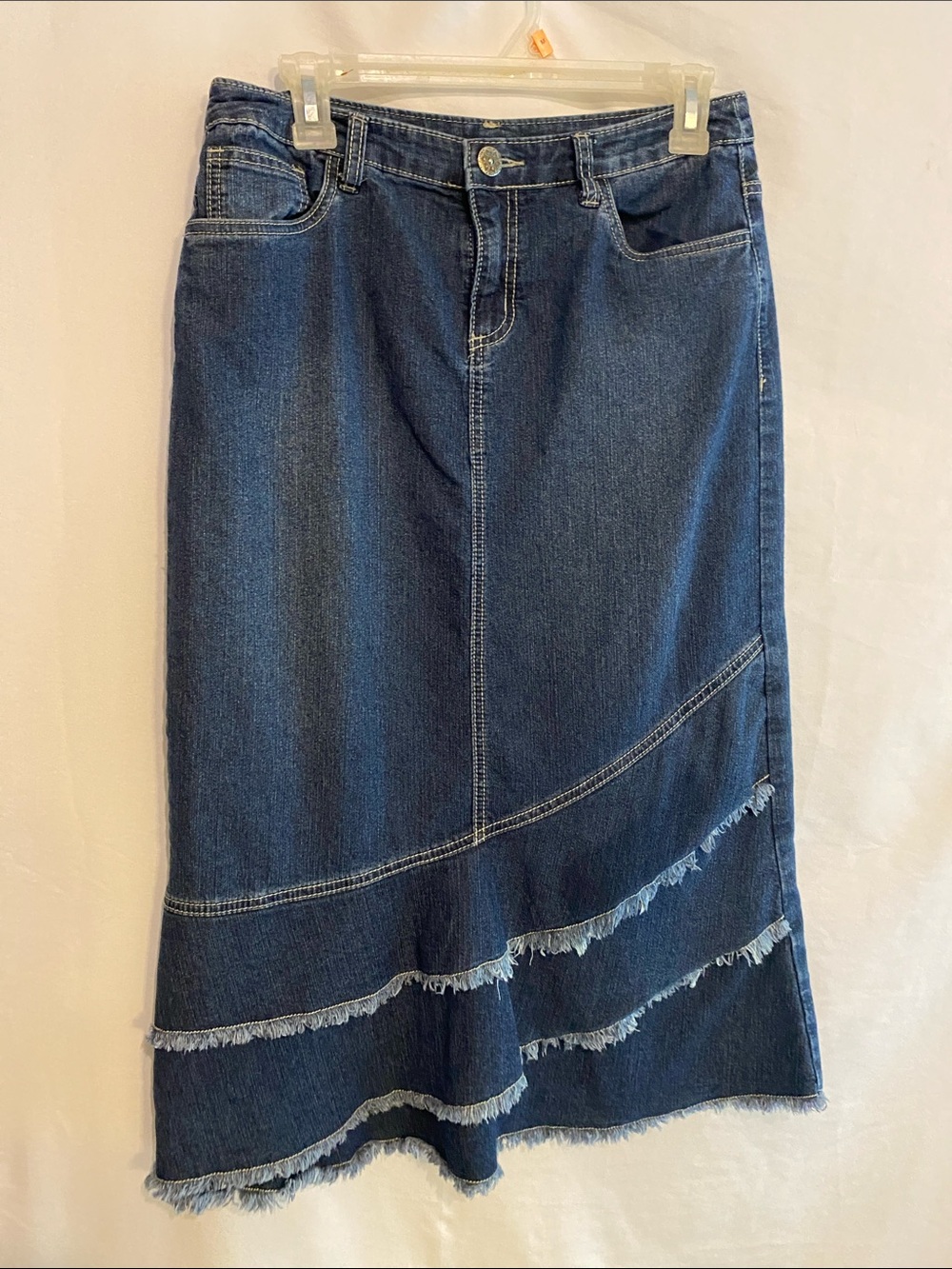Christopher and Banks Midi Denim Jean Skirt frayed patchwork 4 petite